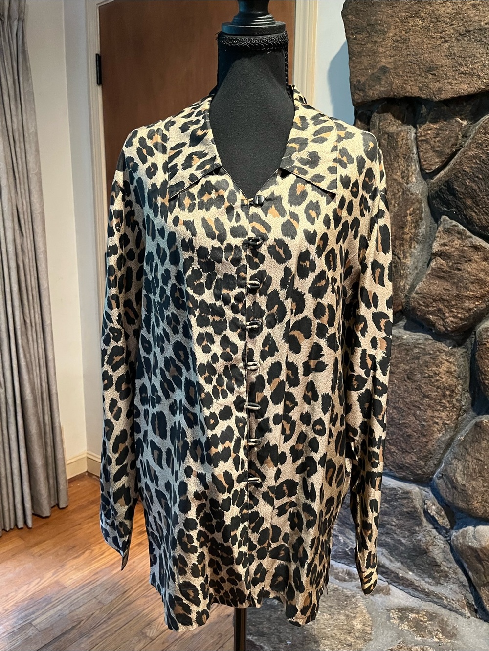 Milano Silk  Leopard Print Button-Down Shirt in Black and Tan